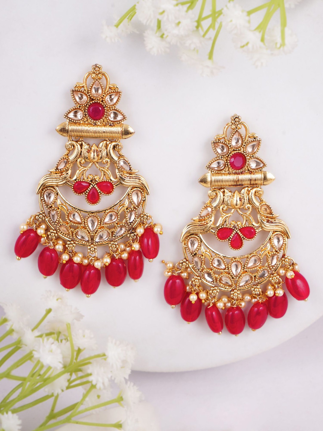 

Adwitiya Collection Gold-Plated Pearls Beaded Peacock Shaped Drop Earrings, Red
