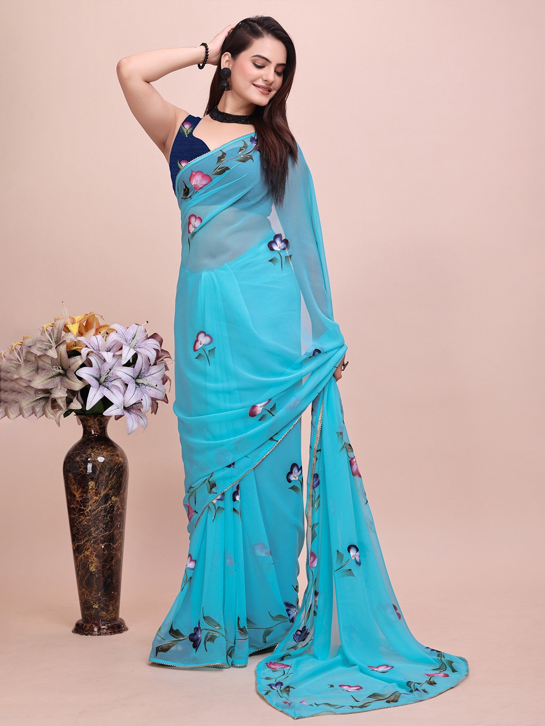 

Avojee Floral Printed Gotta Patti Saree, Blue