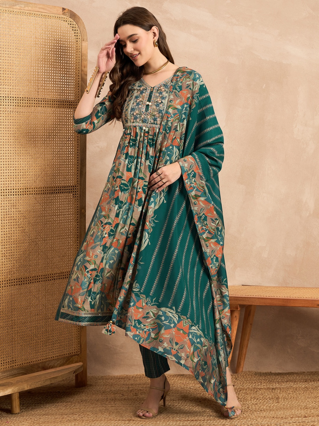 

CHETI Women Floral Embroidered Pleated Beads and Stones Chanderi Silk Kurta with Trousers & With Dupatta, Green