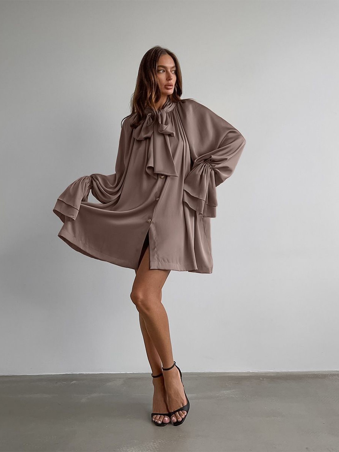 

MIAKEE Tie-Up Neck Flared Sleeve A-Line Dress, Brown