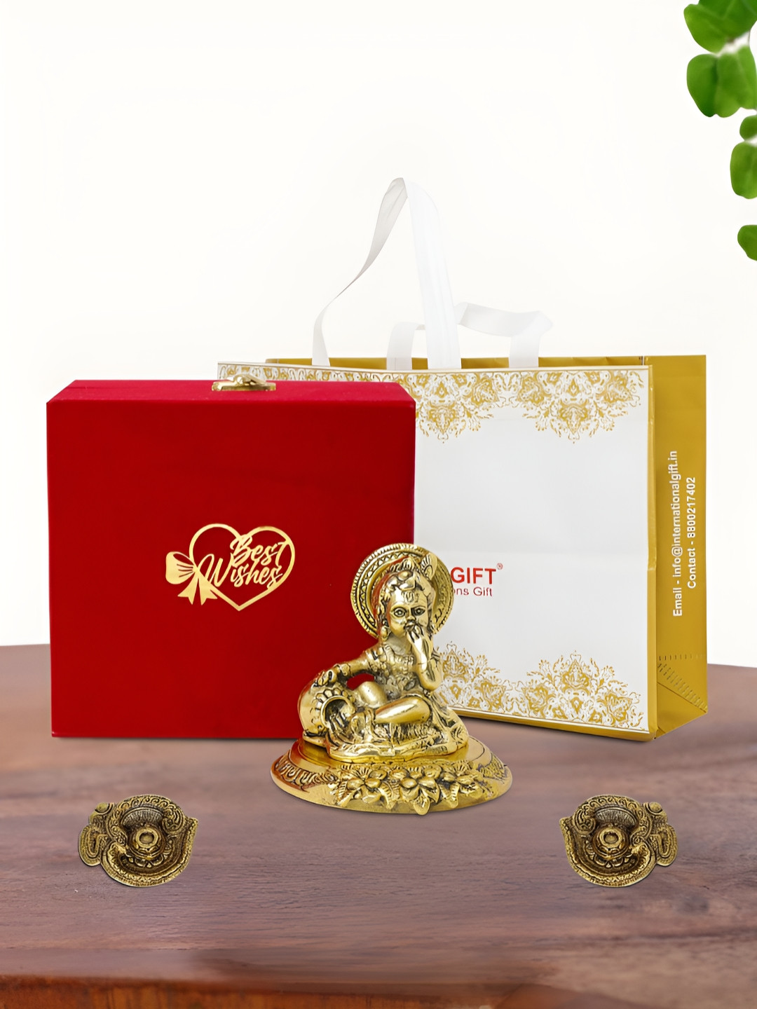 

INTERNATIONAL GIFT Gold Plated Laddu Gopal Idol with 2 Diya Box and Bag