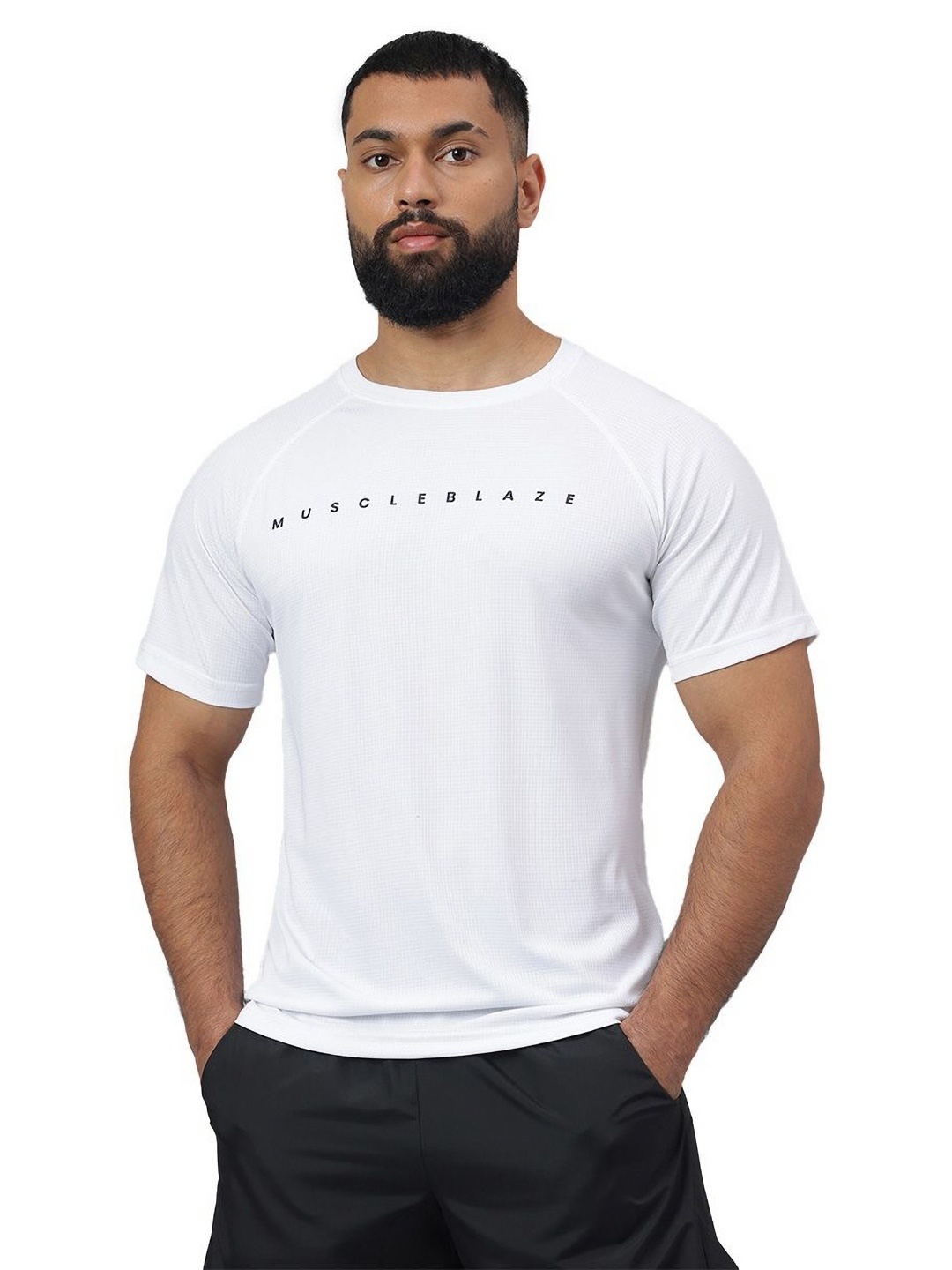 

MuscleBlaze Unisex Brand Logo Printed Round Neck Compression T-shirt, White