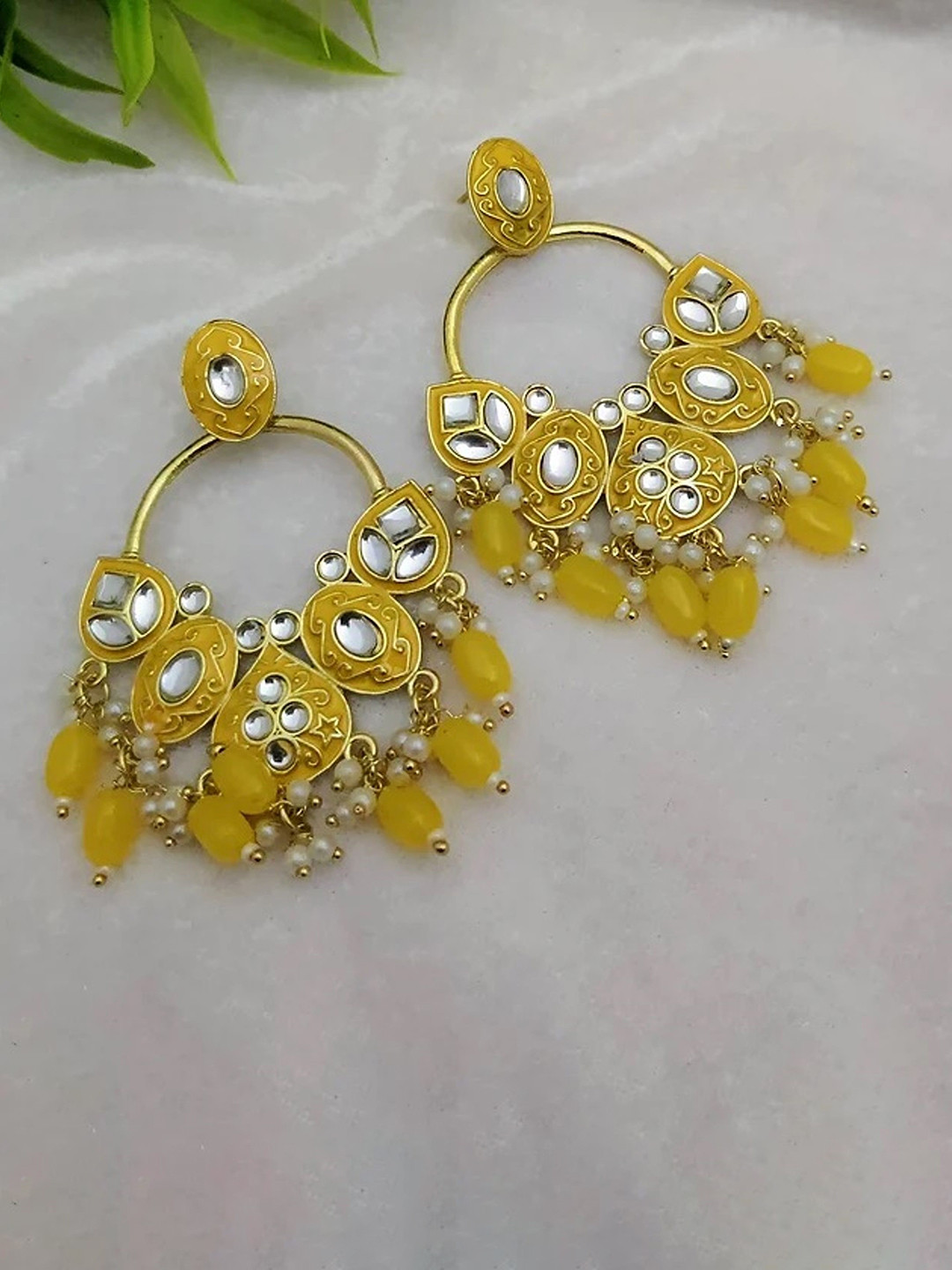 

MADDY SPACE Gold-Plated Artificial Stones Studded And Beaded Drop Earrings, Yellow