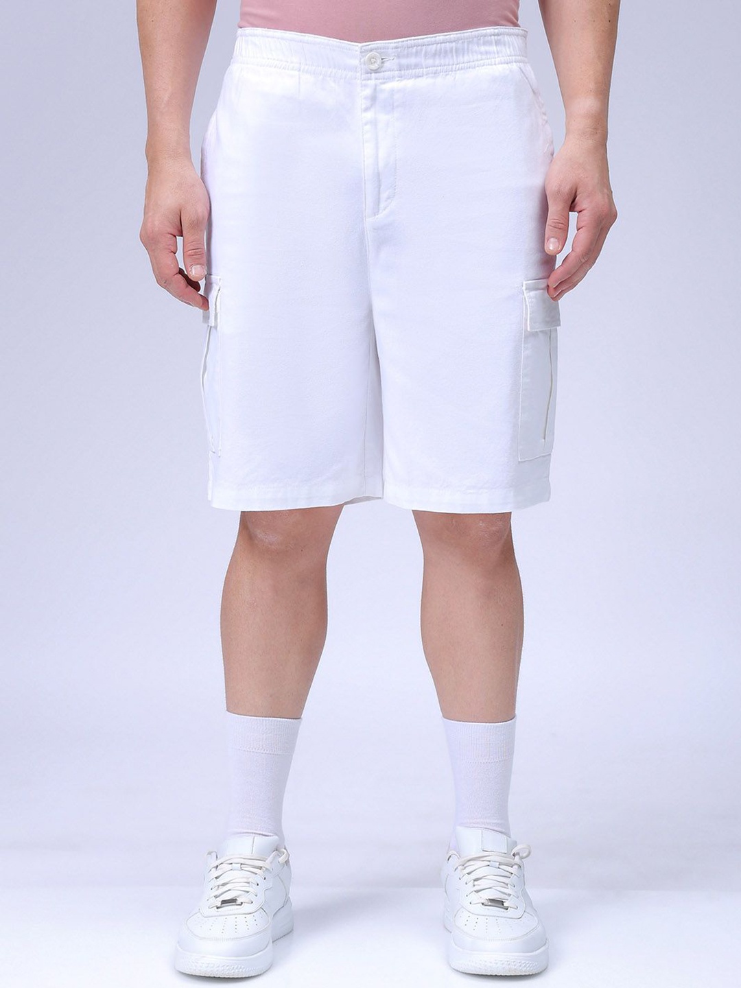 

The Indian Garage Co Men Relaxed Fit Pure Cotton Utility Cargo Shorts, White