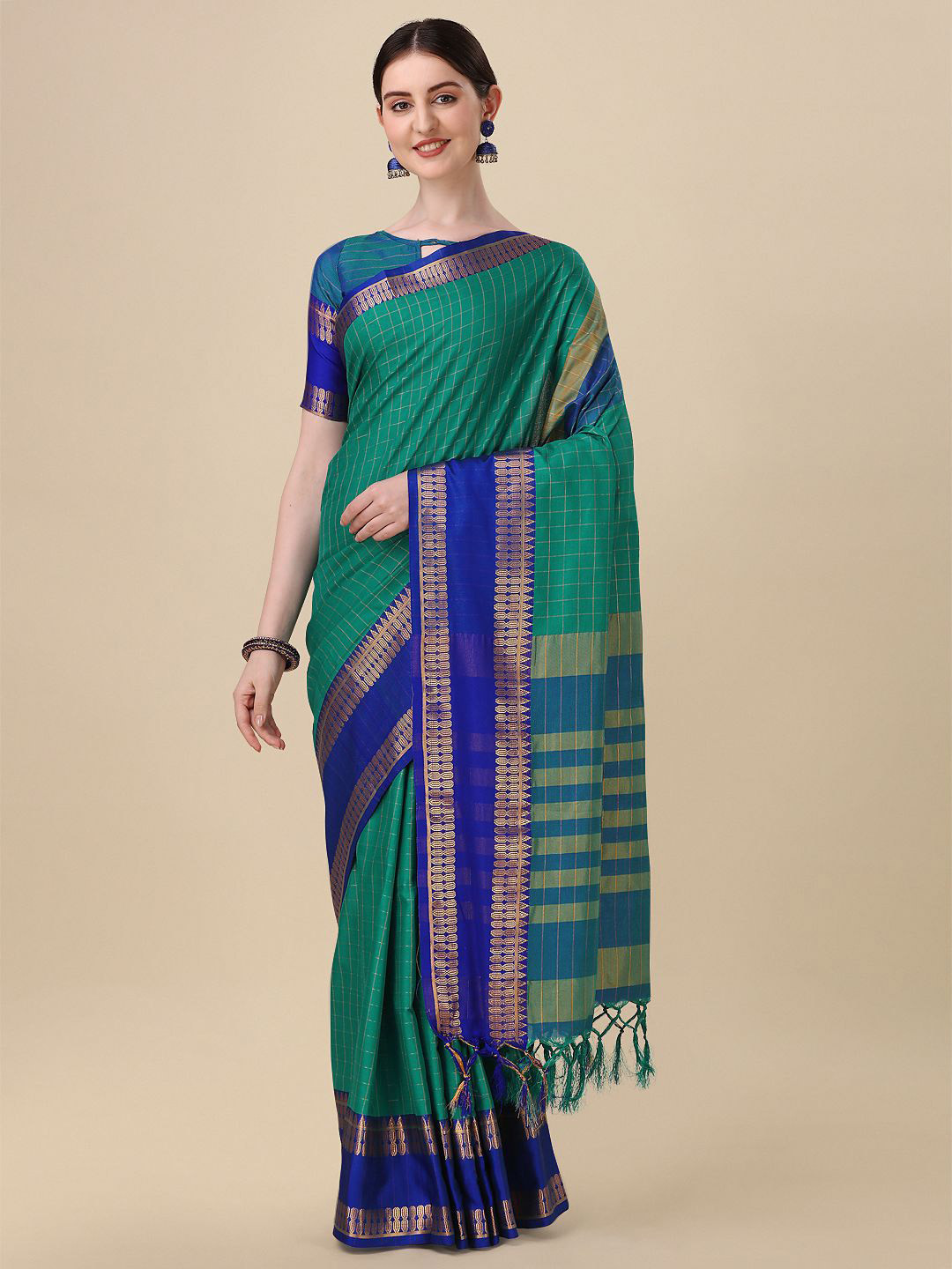 

DIVASTRI Women Checked Zari Mysore Silk Saree, Green