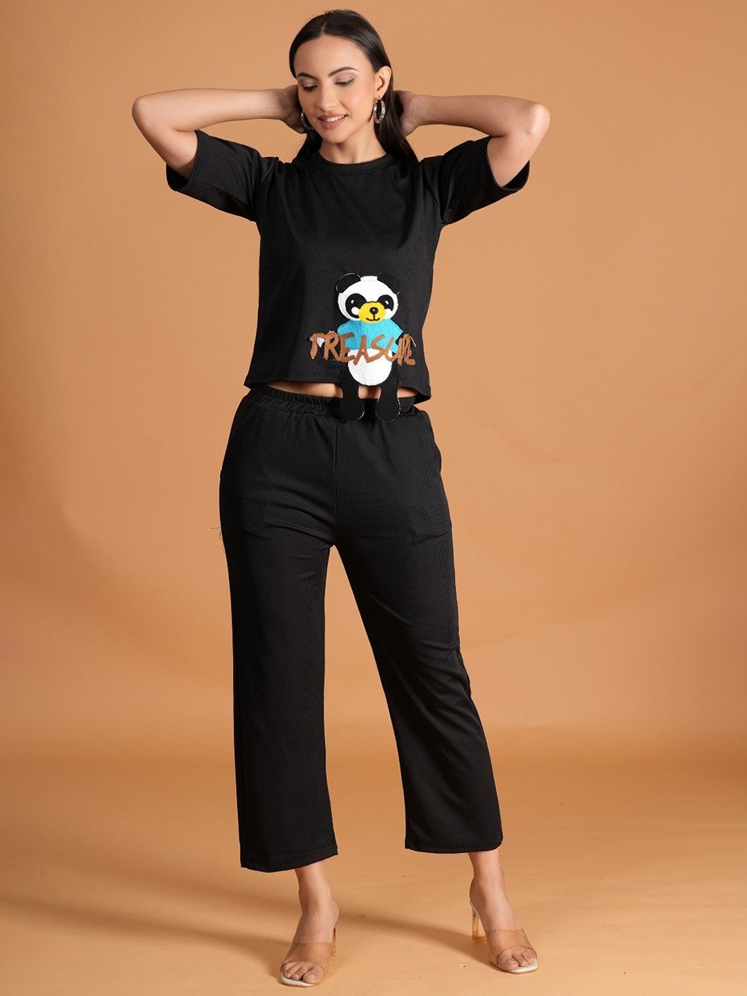 

BAESD Printed Round Neck Pure Cotton T-Shirt With Trousers, Black