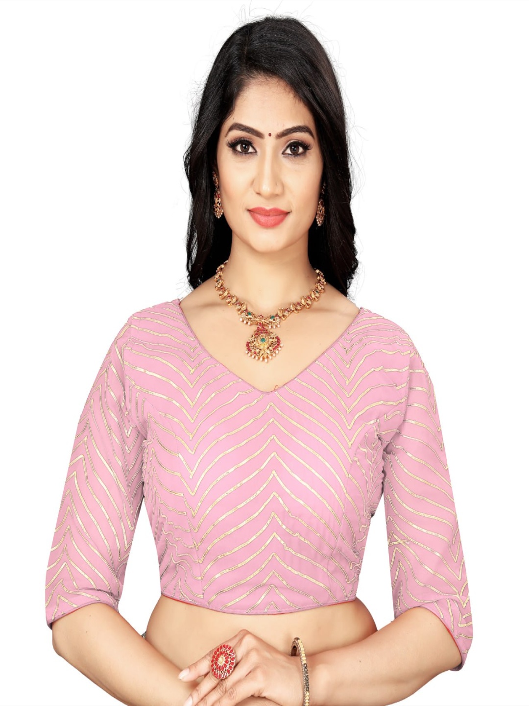 

HERE&NOW Embroidered Gotta Patti V-Neck Saree Blouse, Pink