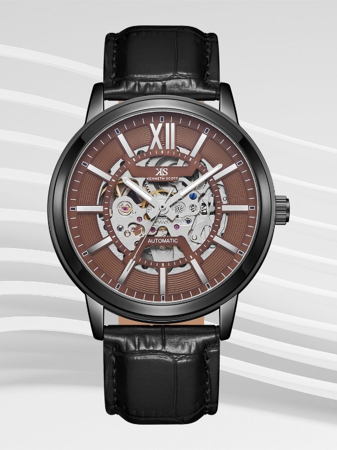 

KENNETH SCOTT Men Dial & Leather Straps Analogue Automatic Watch K24323-BLBH, Brown