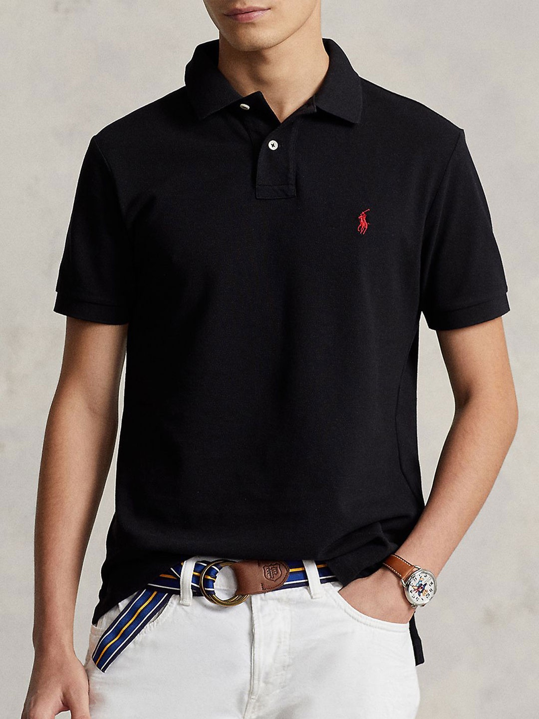 

Polo Ralph Lauren Men Solid Polo Collar Cotton Slim Fit T-shirt, Black