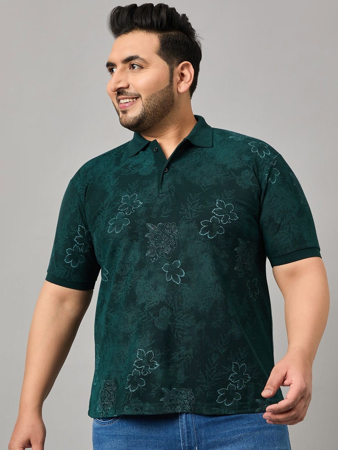 

NYKER Men Plus Size Floral Printed Polo Collar Cotton T-shirt, Olive