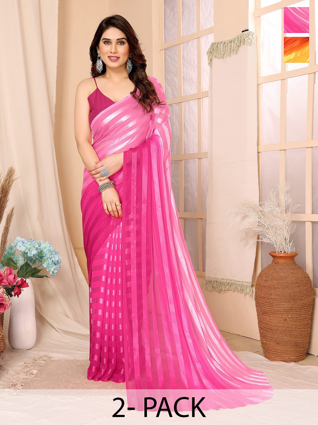 

Moda Rapido Set of 2 Striped Satin Sarees, Pink