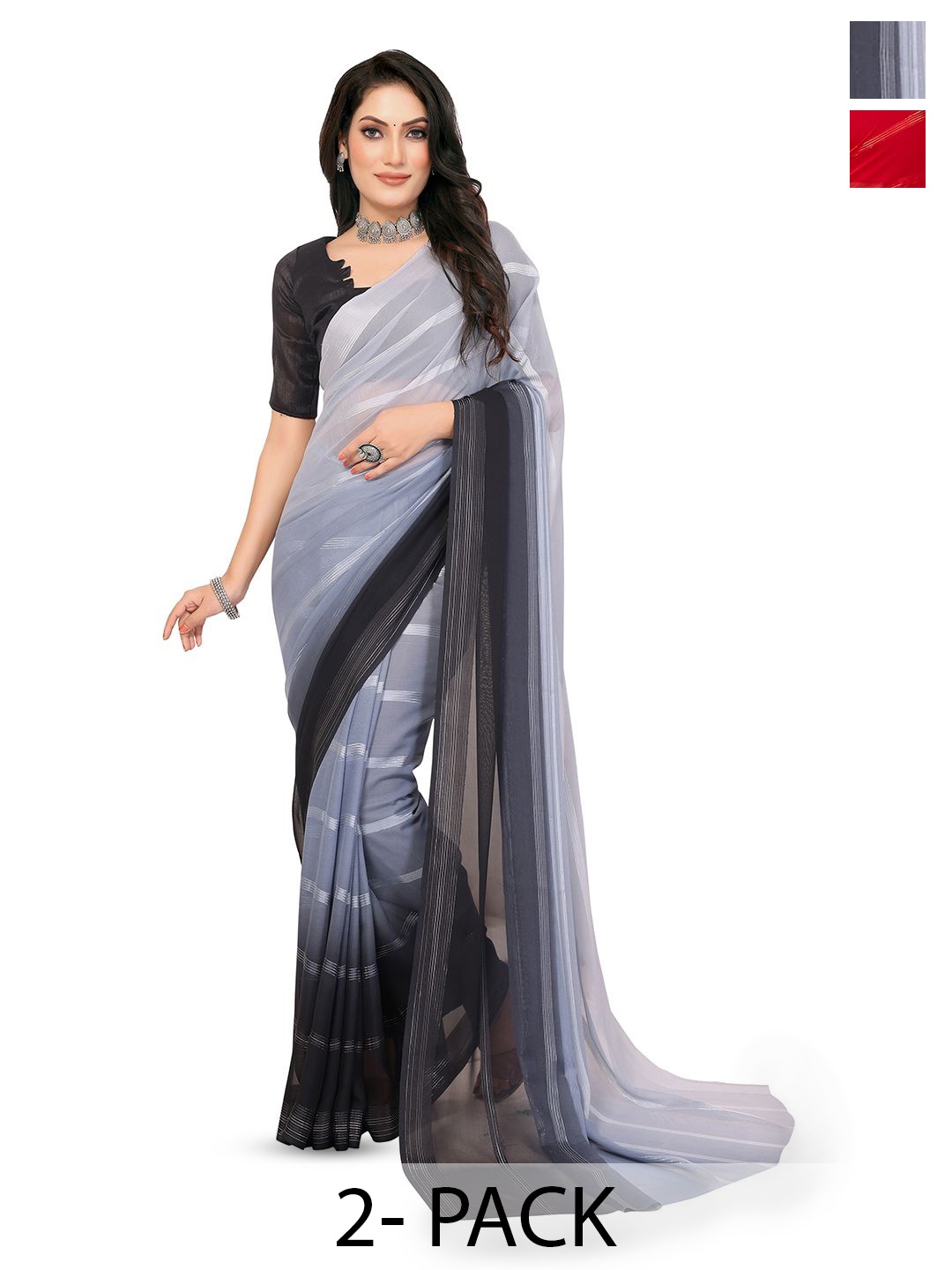 

Moda Rapido Set of 2 Striped Satin Sarees, Grey