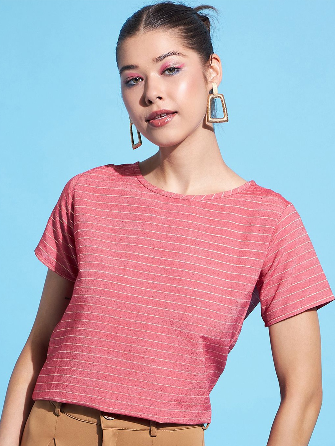 

DressBerry Striped Boxy Crop Top, Pink