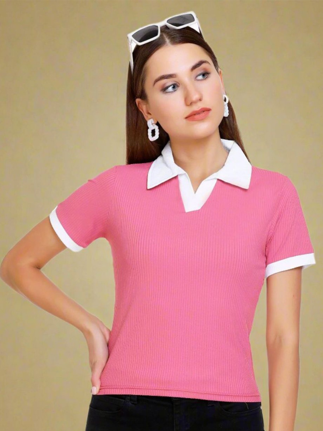 

White Moon Women Shirt Collar Top, Pink