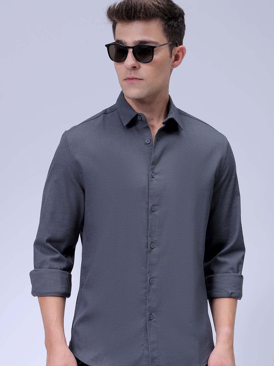 

The Indian Garage Co Slim Fit Dobby Textured Corduroy Casual Shirt, Grey