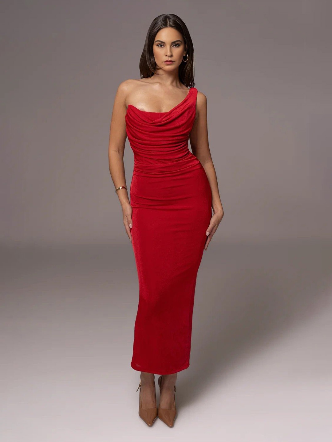 

Bee Boe Women Sculpted Drape One-Shoulder RedGown, Red