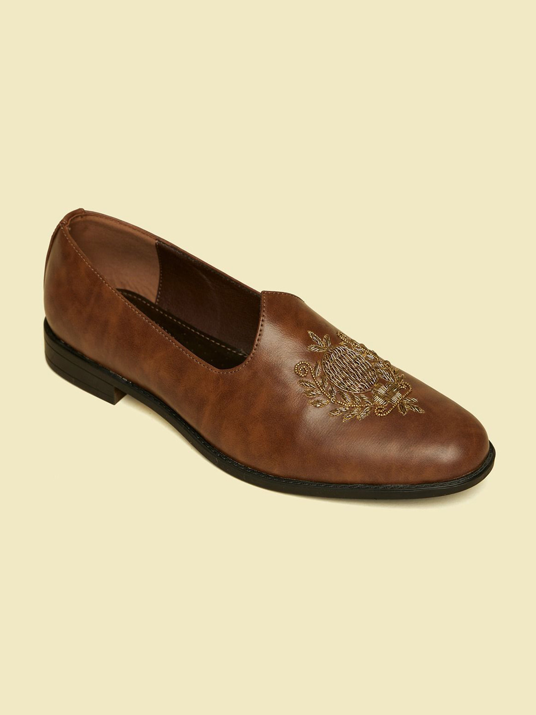 

Manyavar Men Self Embroidered Loafers Style Shoes Mojaris, Brown