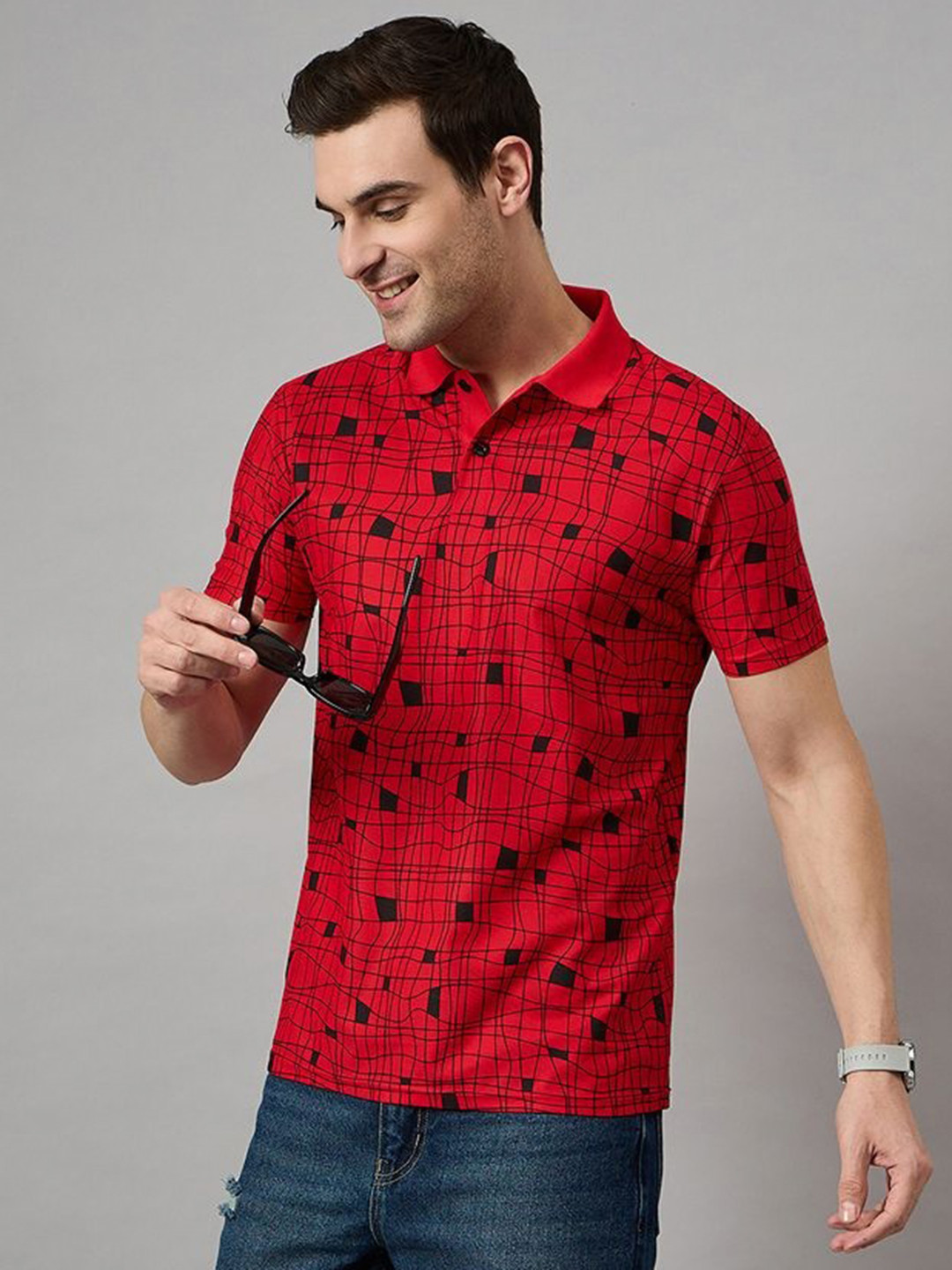 

BRONATION Men Geometric Printed Polo Collar Cotton T-shirt, Red