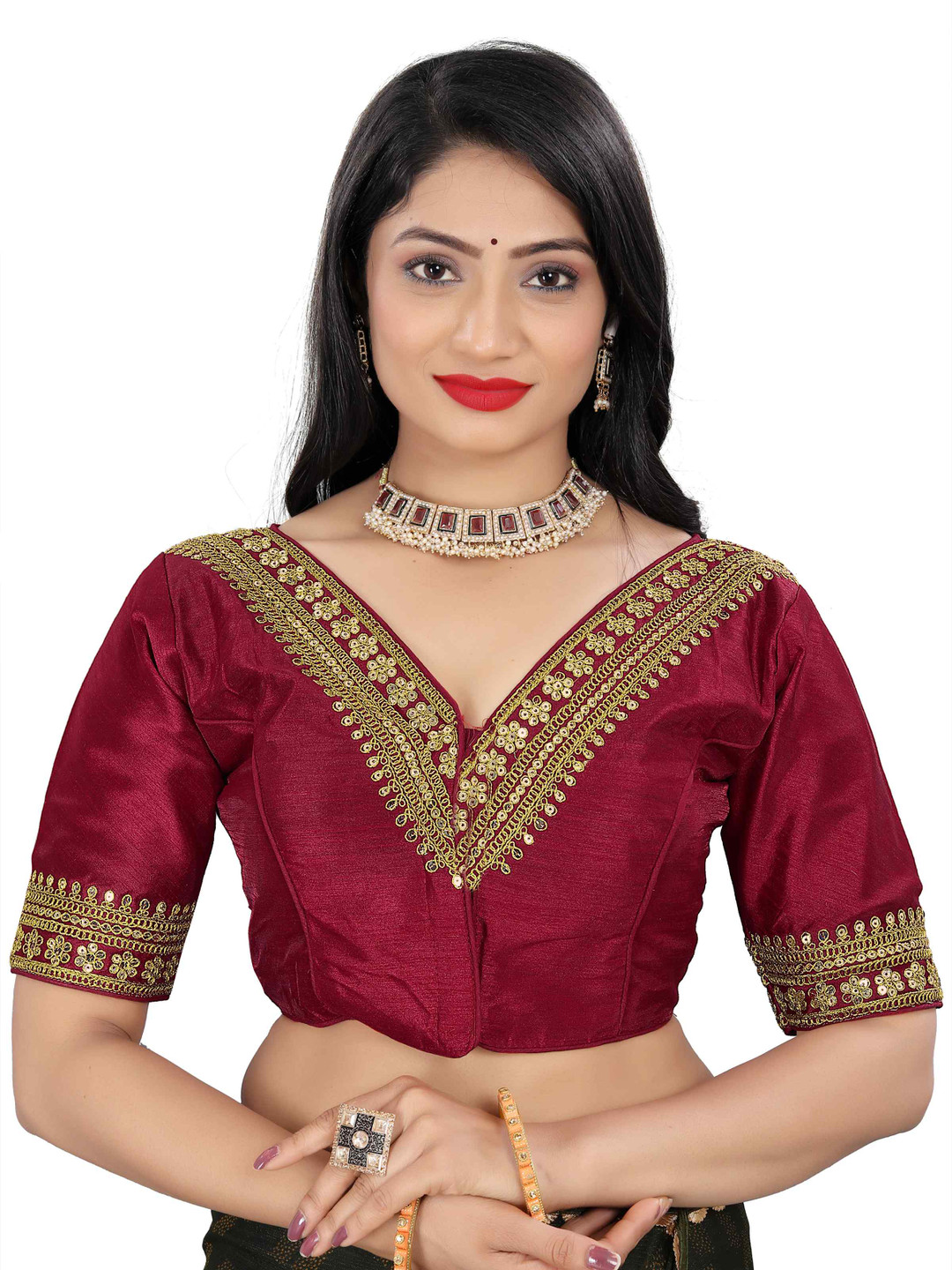 

HERE&NOW Embroidered V Neck Saree Blouse, Maroon