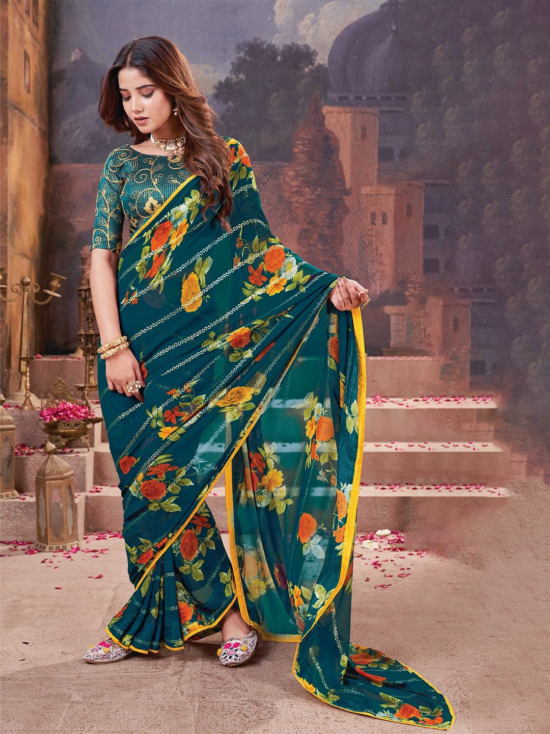 

DIVASTRI Floral Printed Saree, Teal