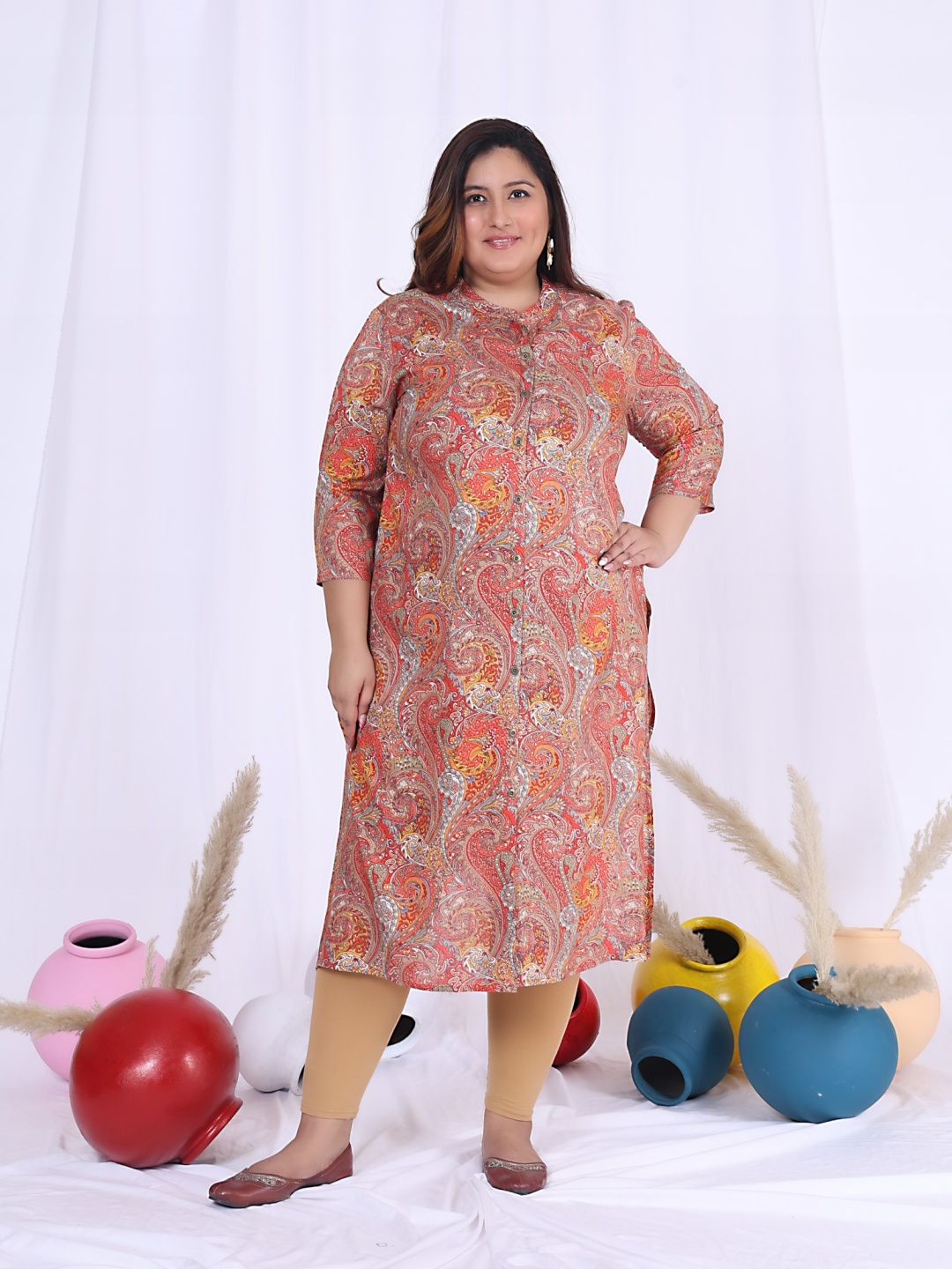 

ASANSHI Plus Size Paisley Printed Mandarin Collar Straight Kurta, Orange