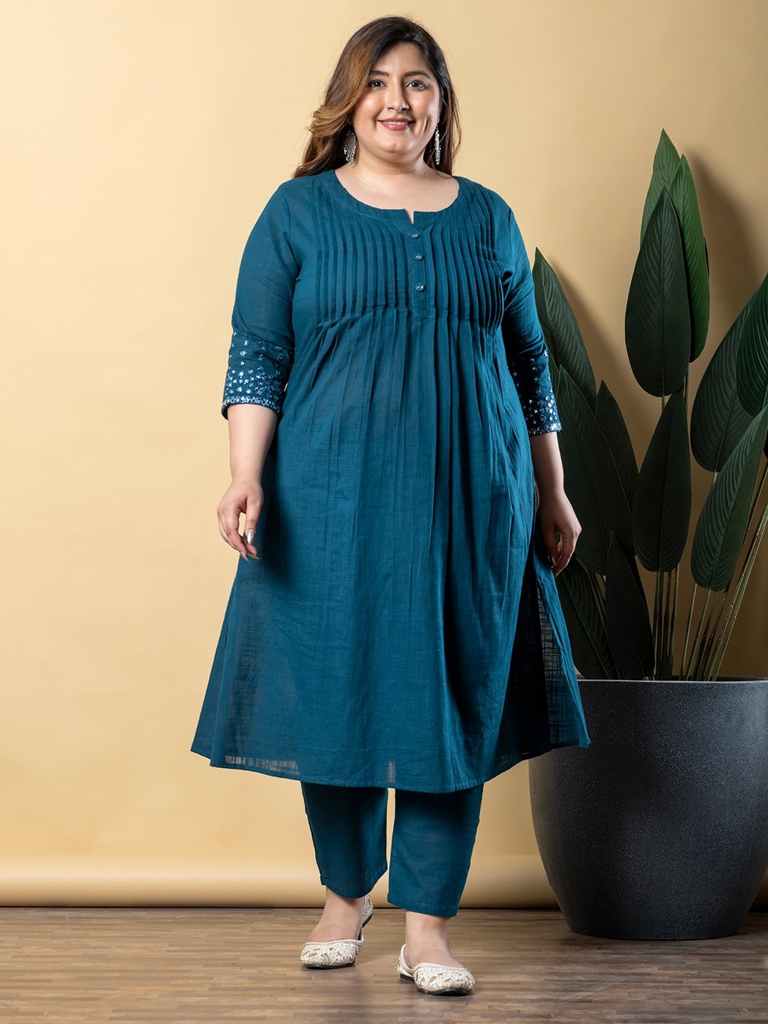 

Readiprint Women Pleated Pure Cotton Kurta with Palazzos, Teal