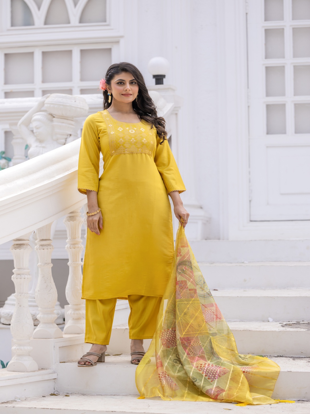 

Divyadham Textiles Women Yoke Design Regular Kurta with Pyjamas & With Dupatta, Yellow