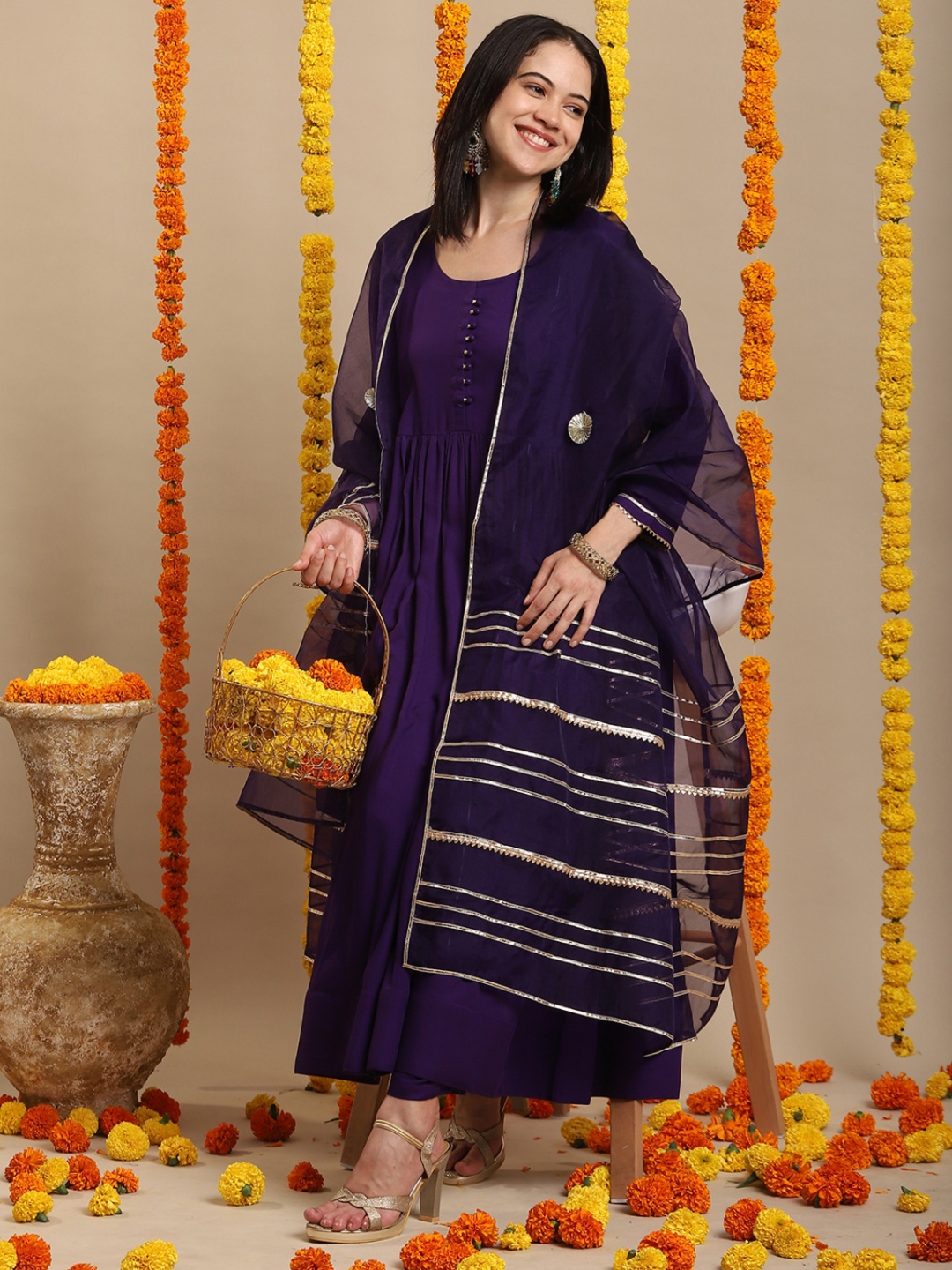 

DIVASTRI U-Neck Empire Style Anarkali Kurta With Trousers And Dupatta, Purple