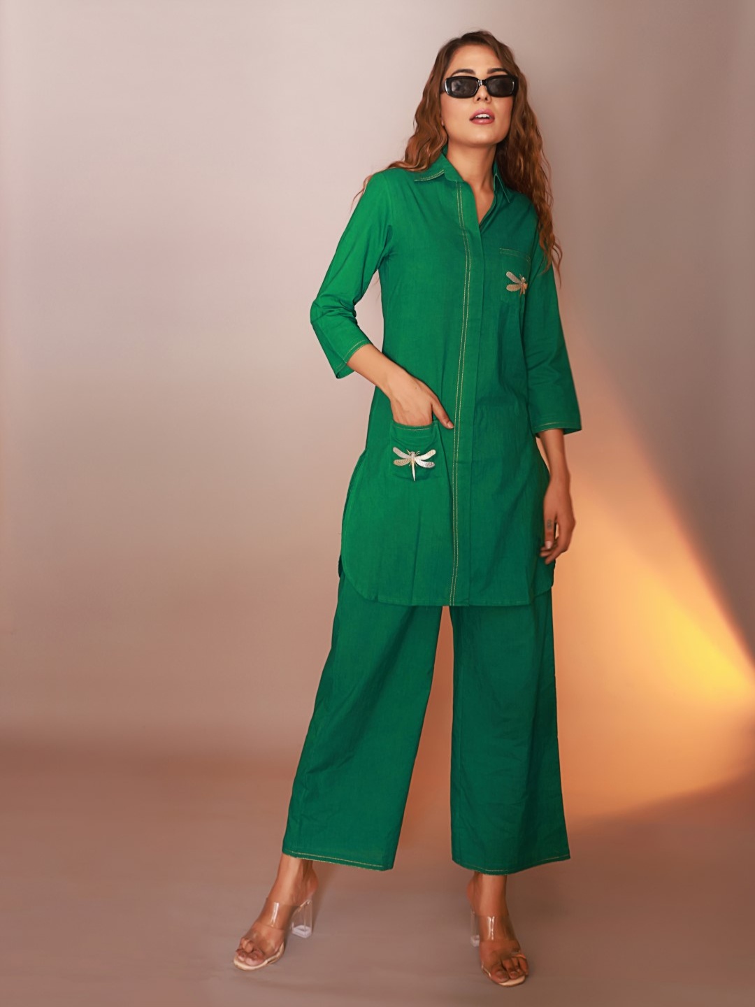 

AUTUMN LANE Butterfly Embroidered Shirt Collar Pure Cotton Shirt With Trouser, Green