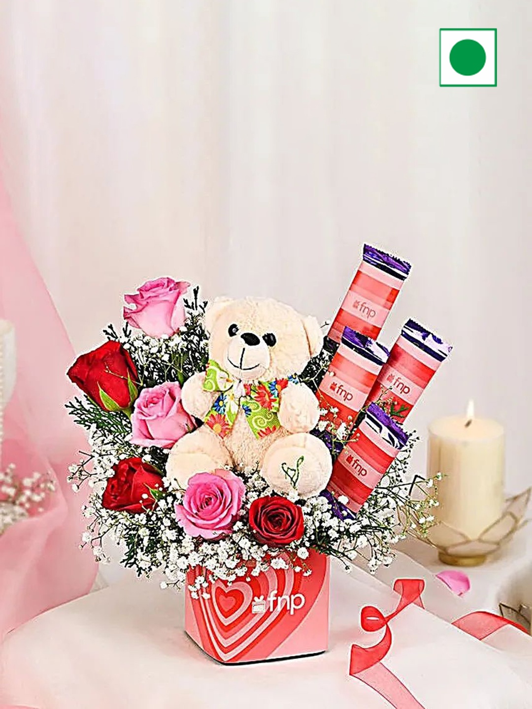 

fnp Set Of 6Pcs Fresh Roses With 1 Teddy & 4 Chocolates In Box, Red