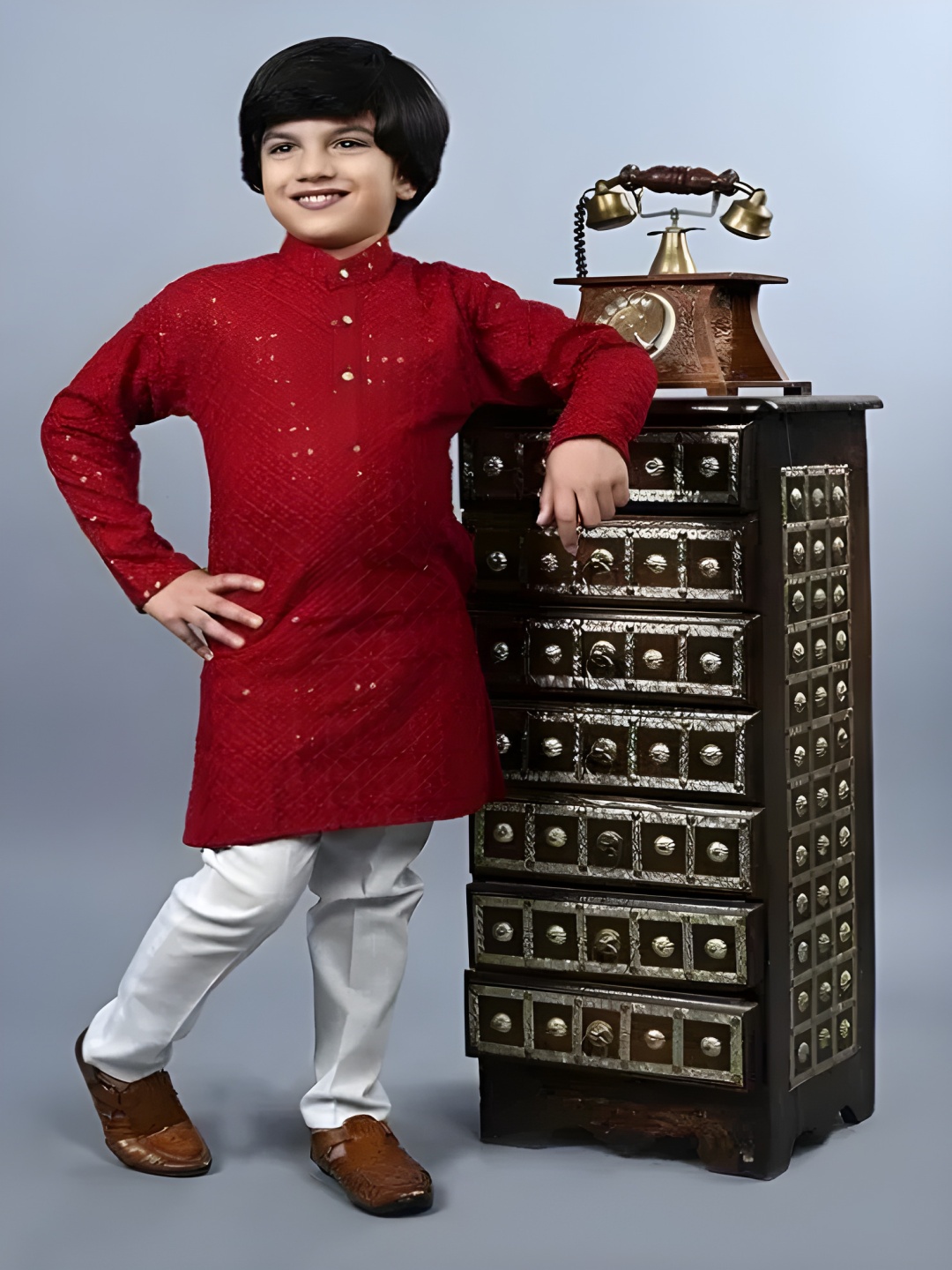 

Qtsy Boys Floral Embroidered Band Collar Sequinned Pure Cotton Kurta With Trousers, Maroon