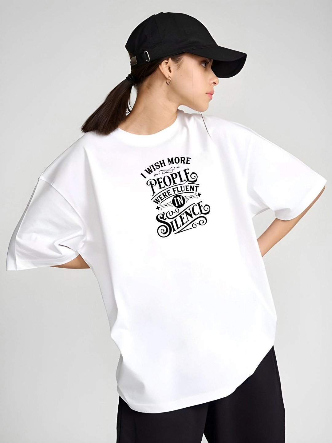 

SZN Women Typography Printed Round Neck Cotton Oversized T-shirt, White