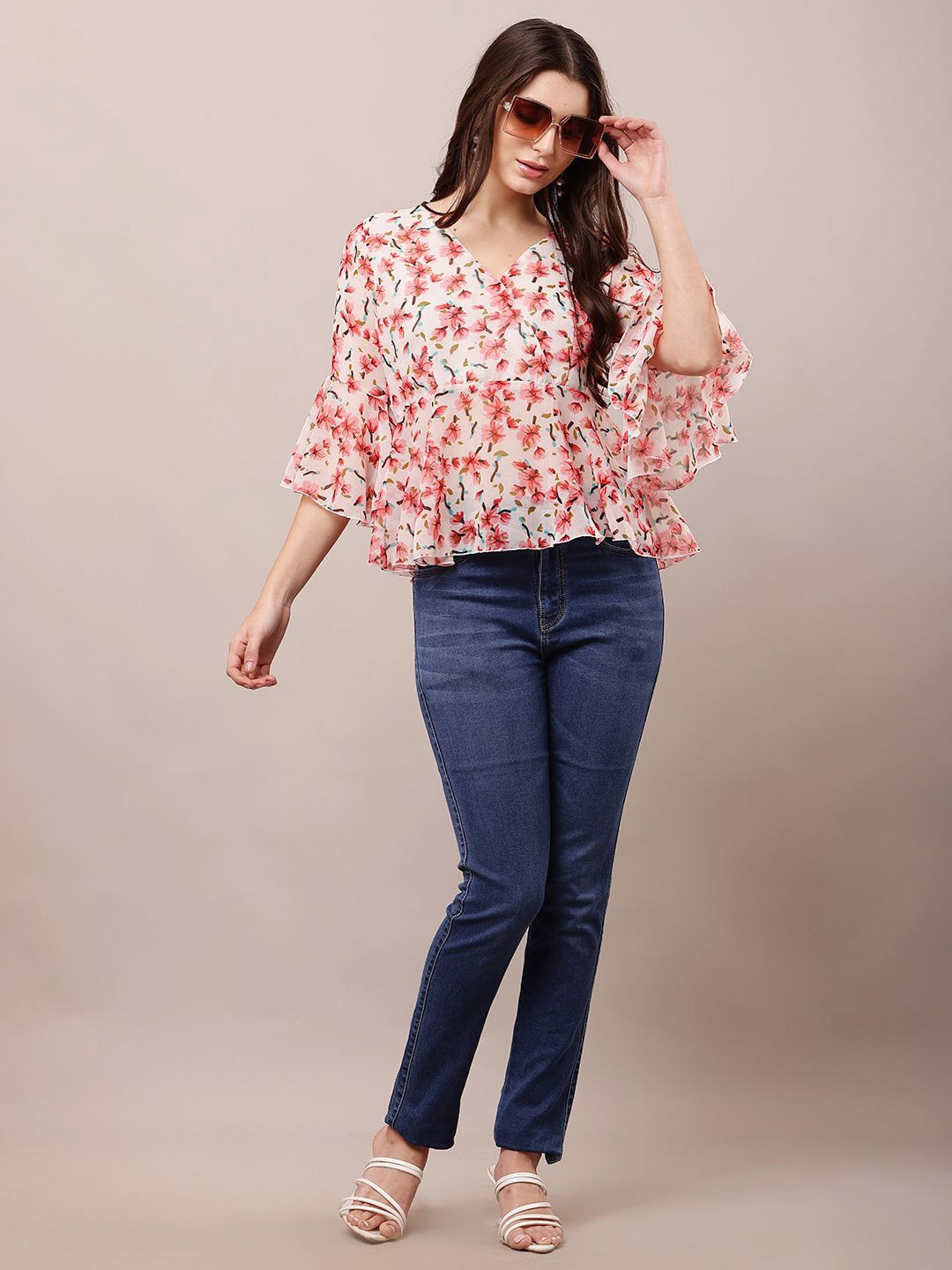 

Raabta Fashion Floral Print Bell Sleeve Georgette Top, Pink