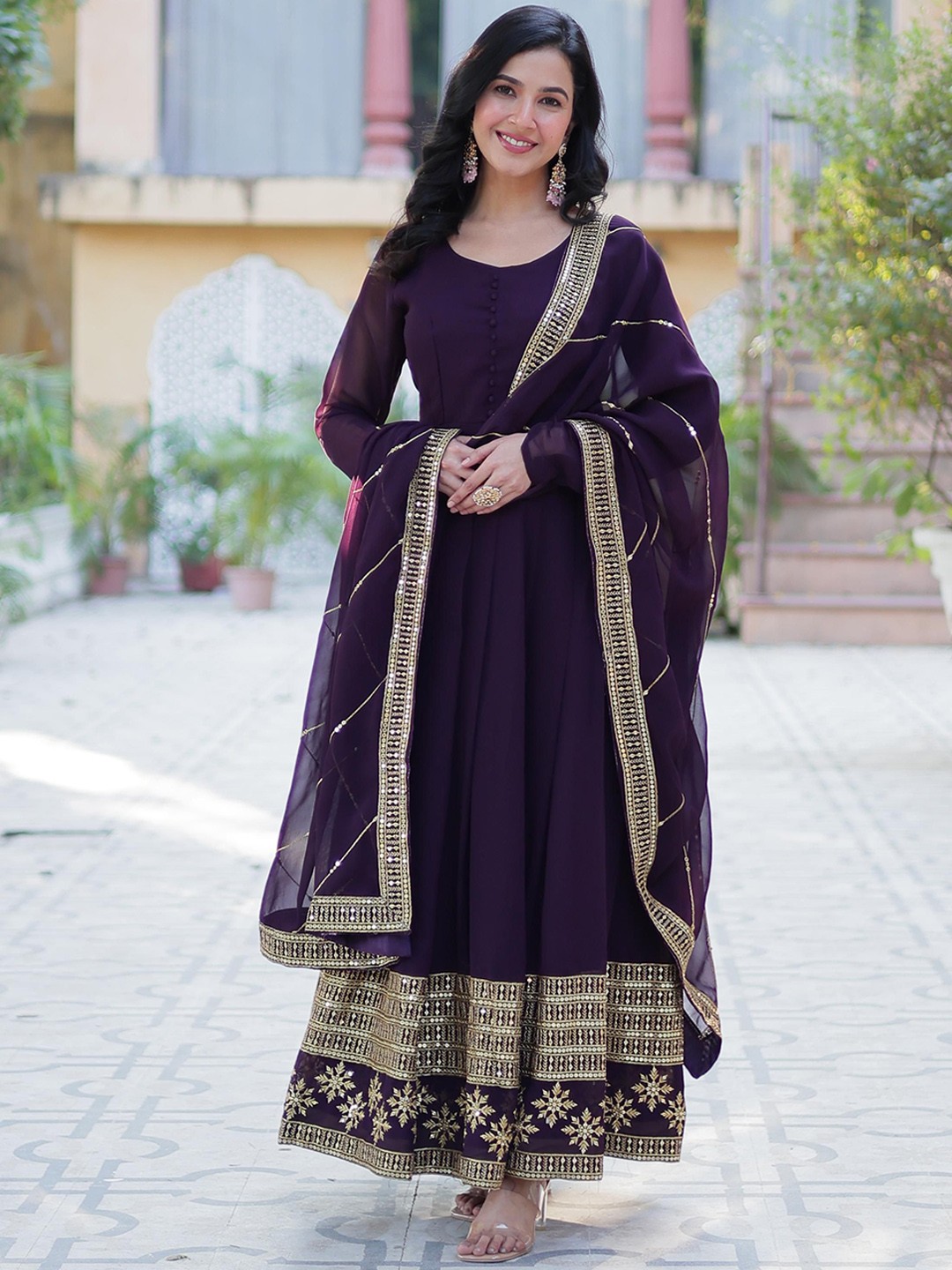 

JATRIQQ Sequin Embroidered Maxi Ethnic Dress With Dupatta, Purple