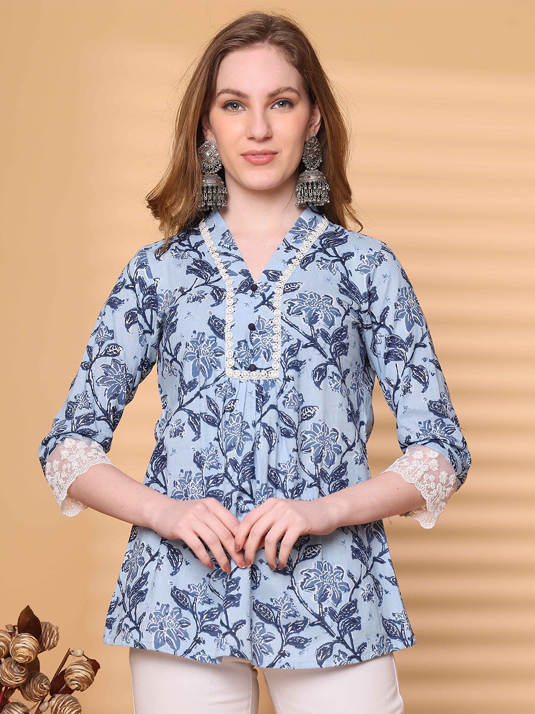 

Roly Poly Women Floral Printed V-Neck Pure Cotton Top, Blue