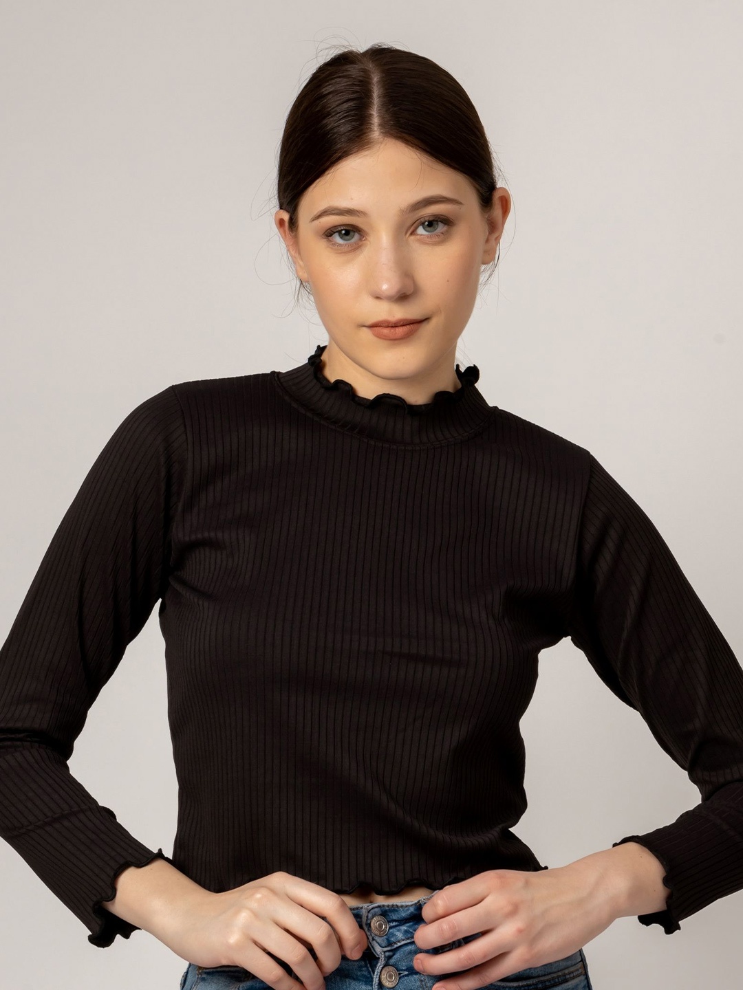 

PYR8 Women Ribbed Ribbed High Neck Top, Black