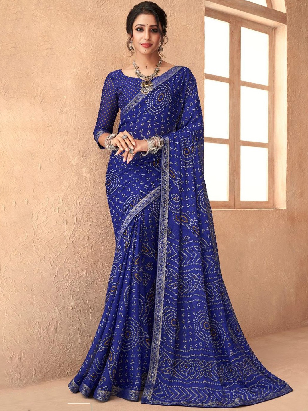 

DURGA EMPORIO Pure Chiffon Bandhani Saree, Blue