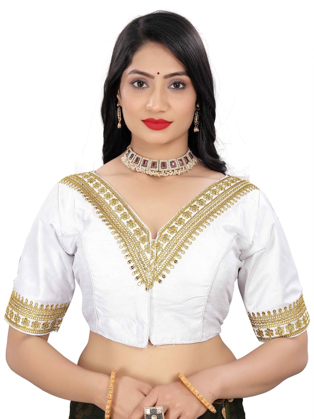 

HERE&NOW Embroidered V Neck Saree Blouse, White