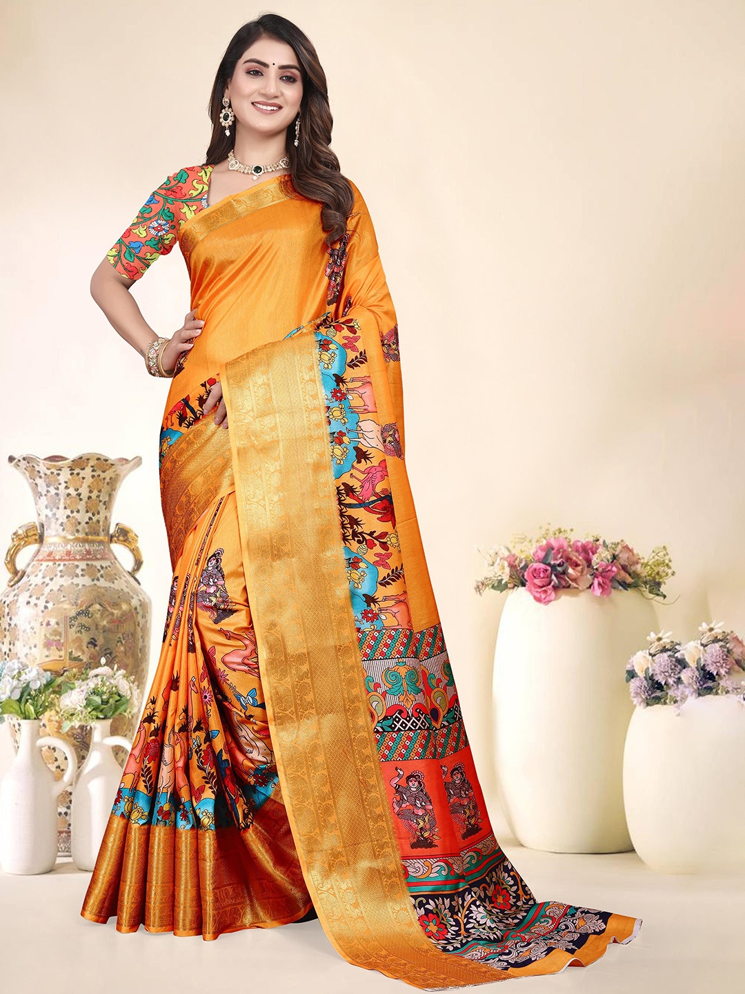 

SUPERLAXMI Kalamkari Zari Silk Blend Designer Saree, Orange