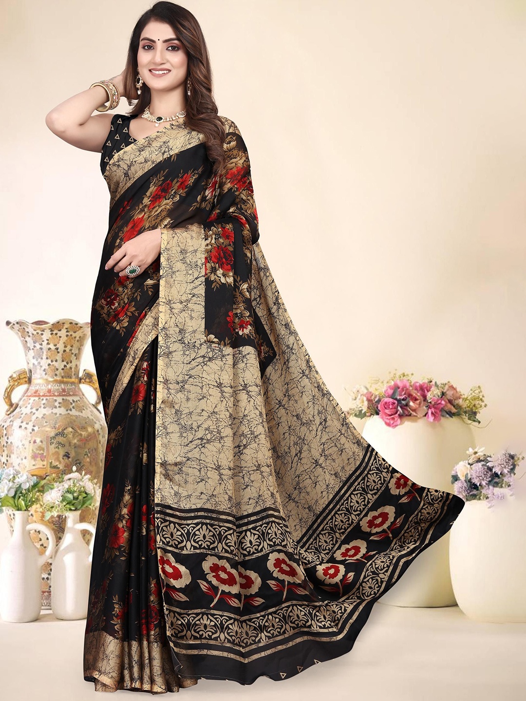 

SUPERLAXMI Floral Printed Pure Chiffon Saree, Black