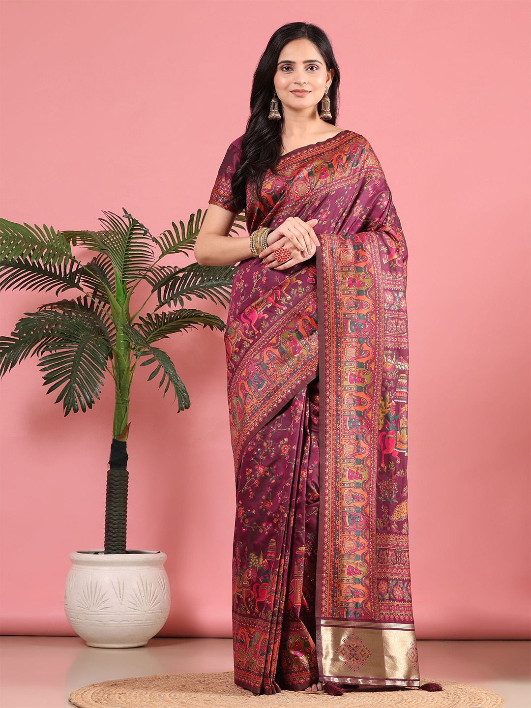 

Pionex Floral Woven Design Zari Pashmina Banarasi Saree, Purple
