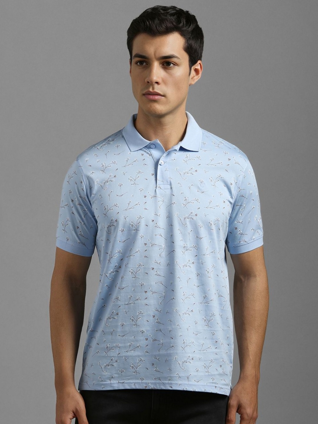 

Louis Philippe Men Floral Printed Polo Collar Cotton T-shirt, Blue