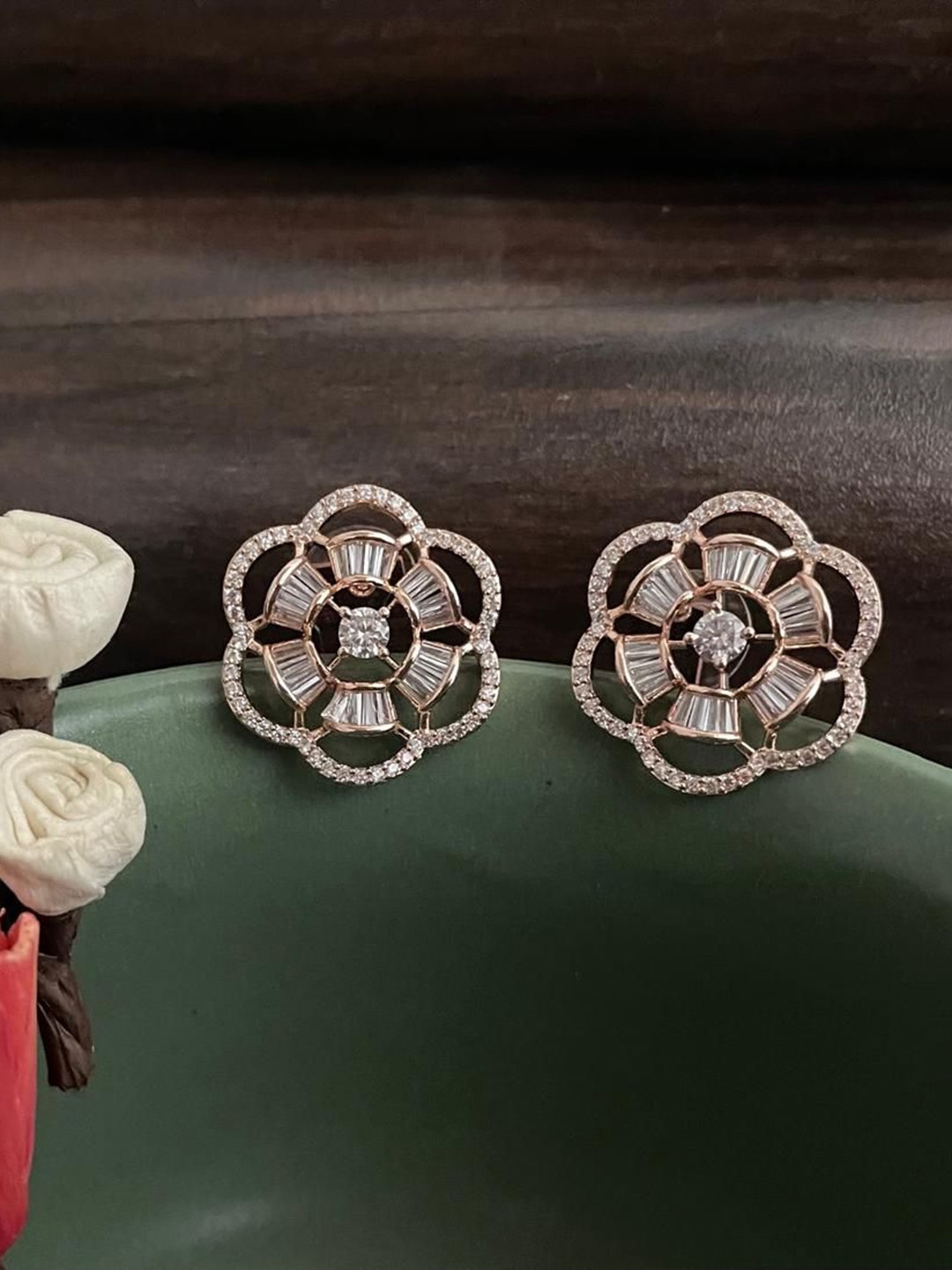 

MONI LIFESTYLE Rose Gold Plated American Diamond Studded Floral Shaped Studs