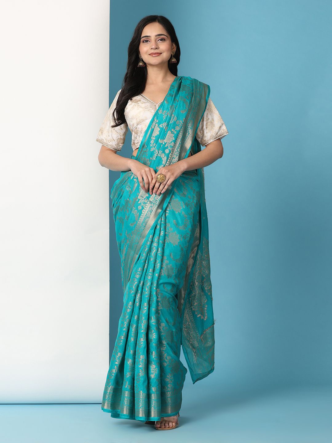 

Pionex Floral Zari Poly Georgette Ready to Wear Banarasi Saree, Blue