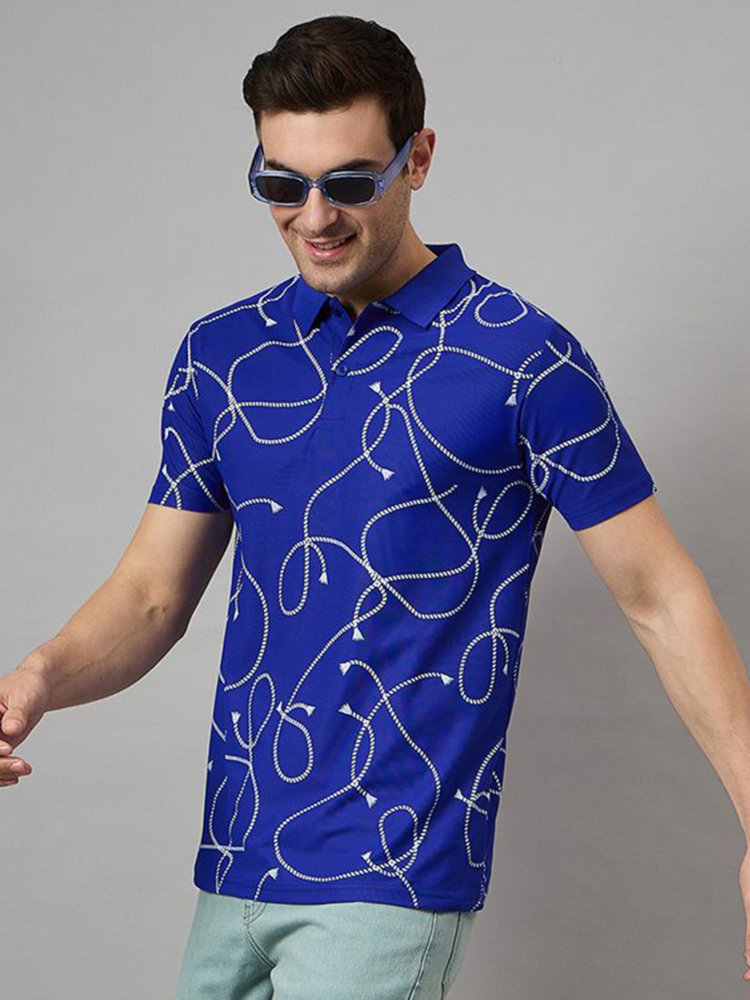 

BRONATION Men Abstract Printed Polo Collar Cotton T-shirt, Blue