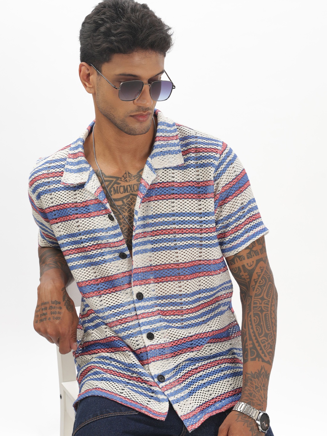 

FABRIPPLE Men Modern Relaxed Fit Cuban Collar Horizontal Striped Casual Shirt, White