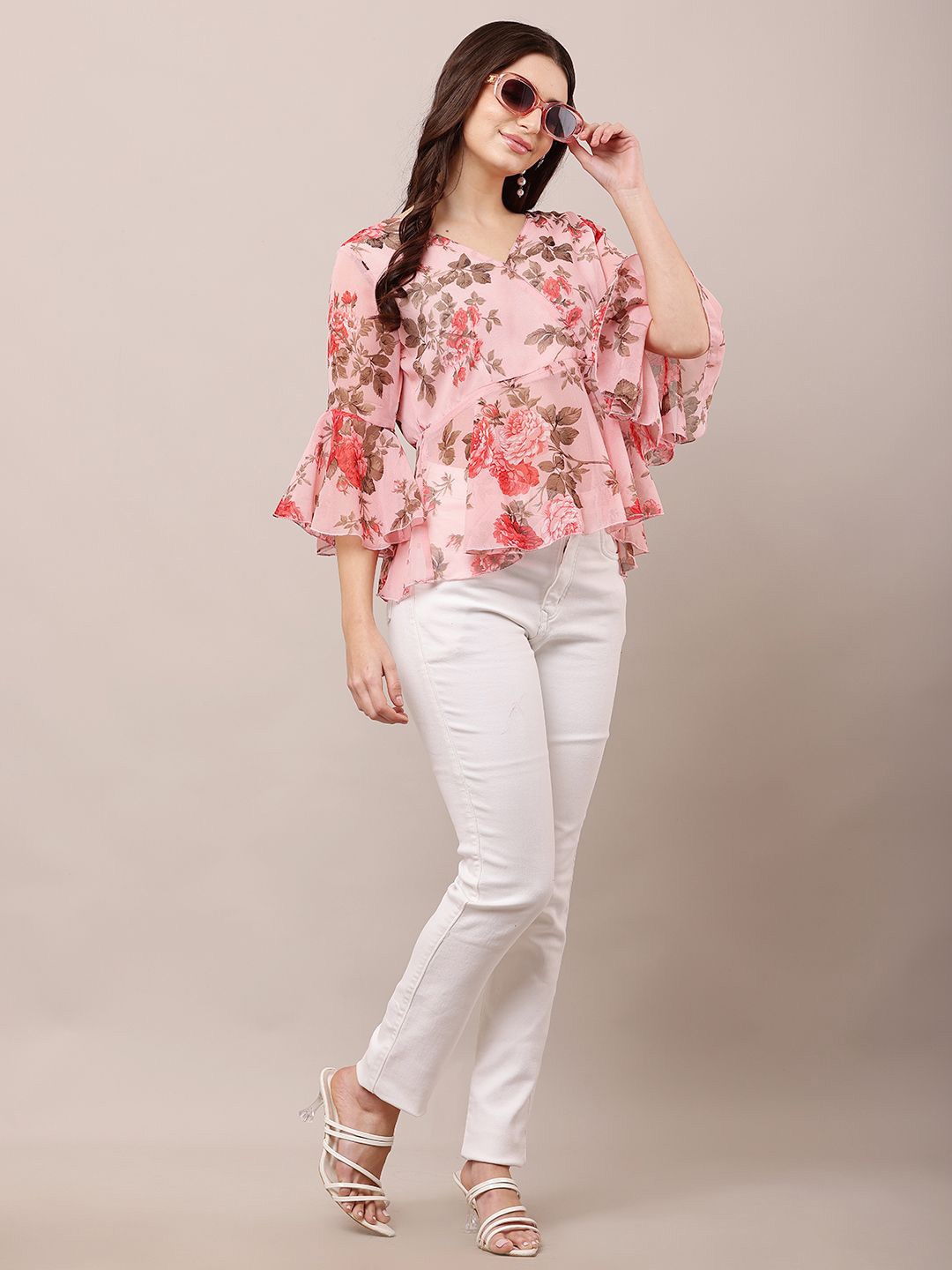 

Raabta Fashion Floral Print Bell Sleeve V-Neck Georgette Top, Pink