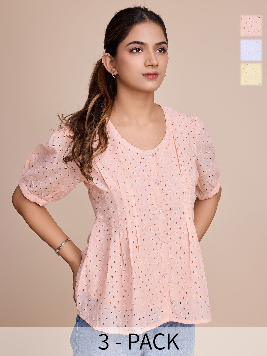 

HOUSE OF MIRA Pack Of 3 Self Design Schiffli Shirt Top, Peach