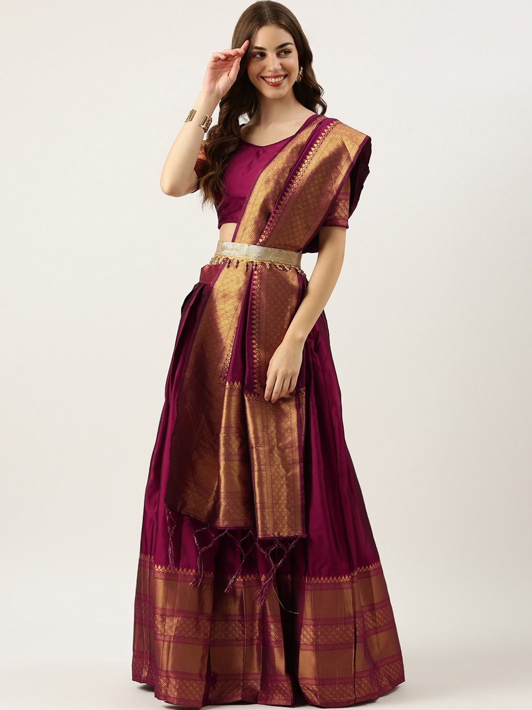 

DIVASTRI Woven Design Zari Unstitched Blouse And Lehenga With Dupatta, Maroon