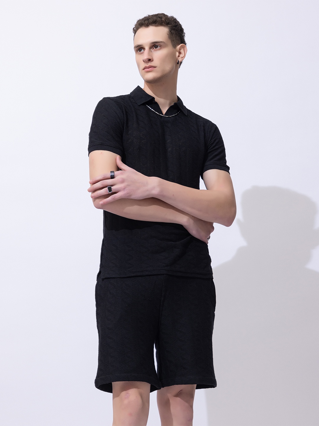 

ARMISTO Crochet Self Design T-shirt With Shorts Co-Ords, Black